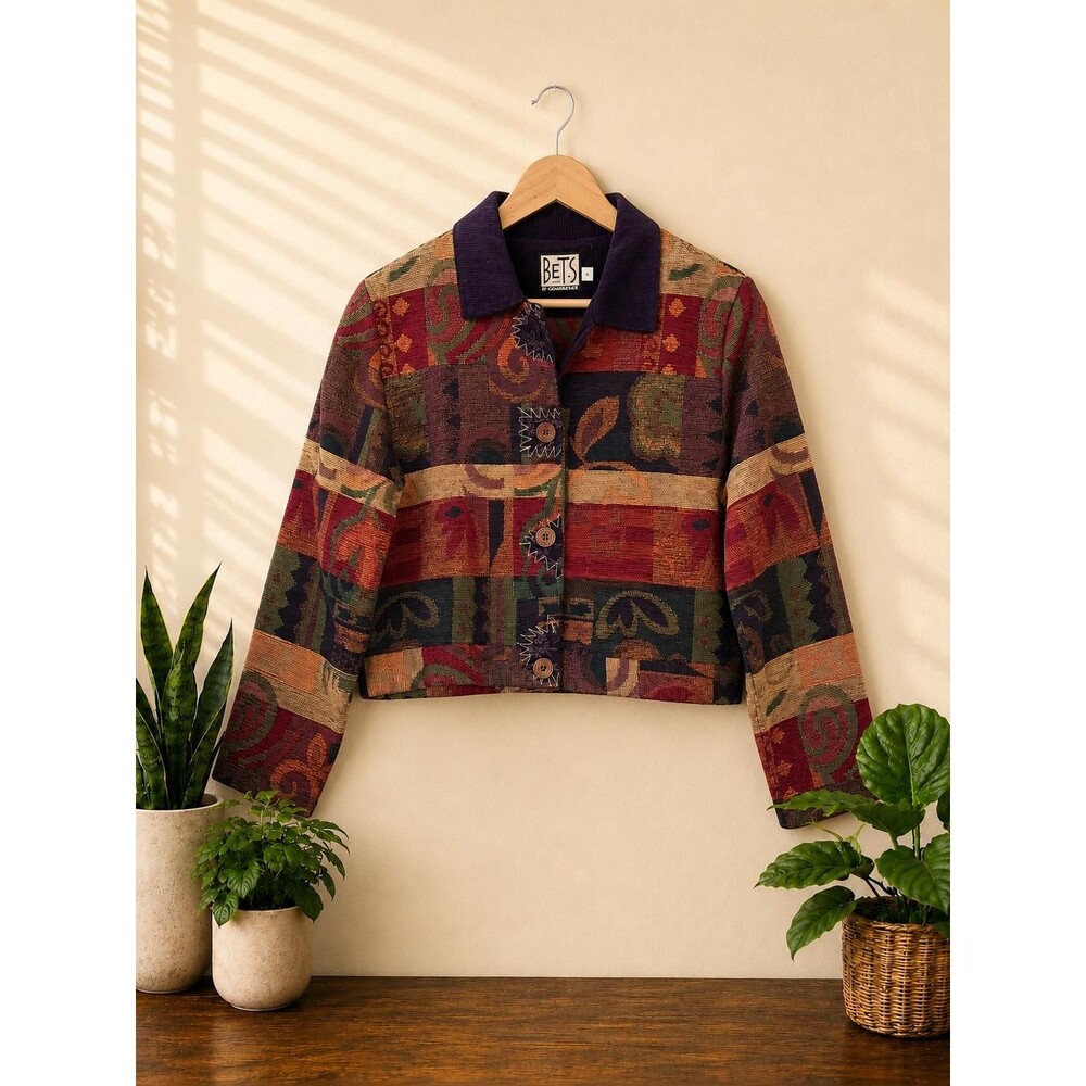 Vintage 90s Bets Tapestry Cropped Jacket | Abstract Boho Patchwork | Small